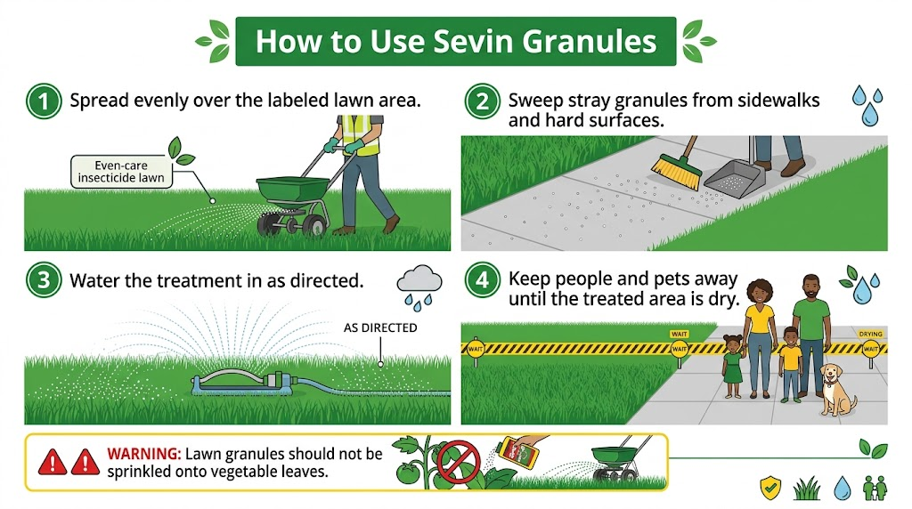 Sevin Insect Killer and Dust: Uses, Safety &Alternatives Infographic showing how to spread Sevin granules evenly, remove stray granules from hard surfaces, water as directed, and keep people and pets away until dry.