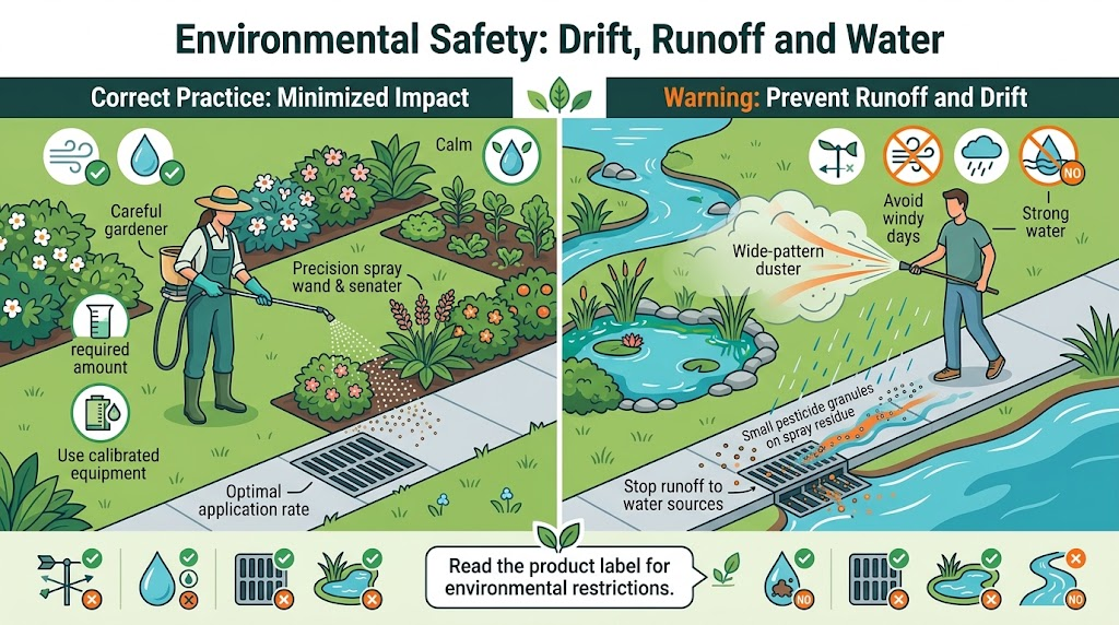 Sevin Insect Killer and Dust: Uses, Safety &Alternatives Infographic showing how to prevent pesticide drift and runoff and keep Sevin products away from storm drains, ponds, streams, and other water bodies.