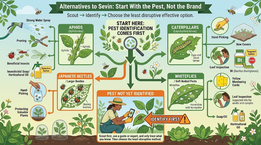 Sevin Insect Killer and Dust: Uses, Safety &Alternatives Infographic showing pest-specific alternatives to Sevin, including water sprays, hand-picking, row covers, beneficial insects, insecticidal soap, horticultural oil, and Bt.