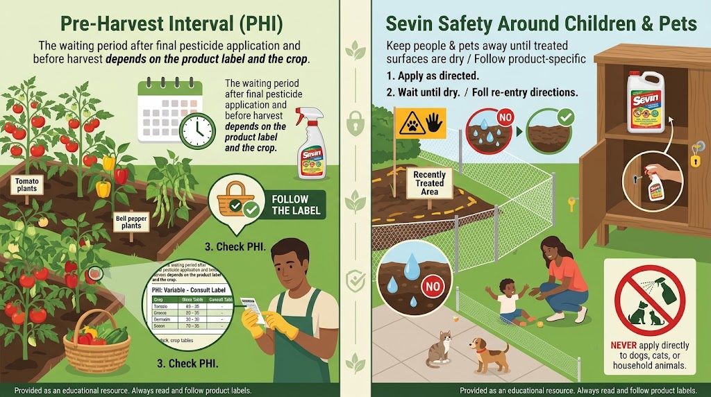 Sevin Insect Killer and Dust: Uses, Safety &Alternatives Infographic explaining the pre-harvest interval as the required waiting period between pesticide application and harvesting edible crops.
Infographic showing children and pets kept away during pesticide application and until the label's re-entry requirements are met.
