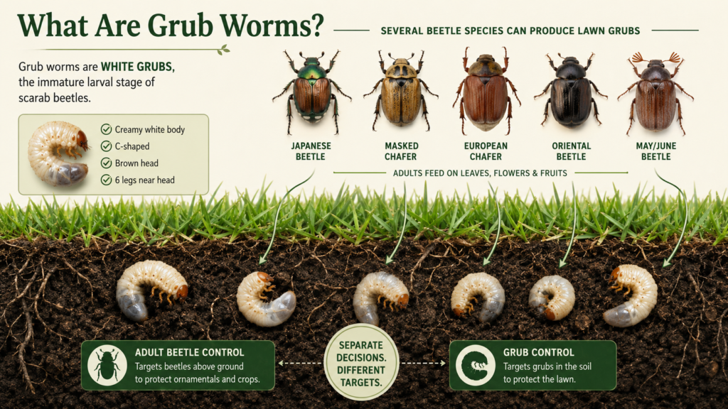Grub Worms: Identification, Lawn Damage & Control Guide White grub worms living beneath the soil and feeding on grass roots.