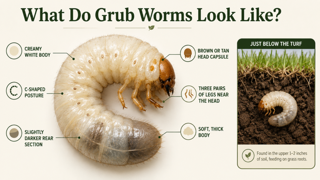 Grub Worms: Identification, Lawn Damage & Control Guide Close-up of white C-shaped grub worms in garden soil.