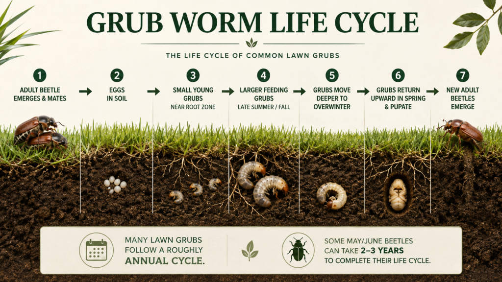Grub Worms: Identification, Lawn Damage & Control Guide Grub worm life cycle from egg and larva to pupa and adult beetle.