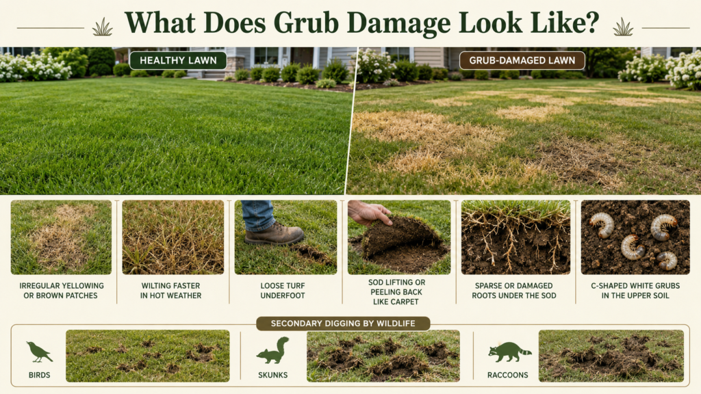 Grub Worms: Identification, Lawn Damage & Control Guide Brown, thinning grass showing signs of grub damage.