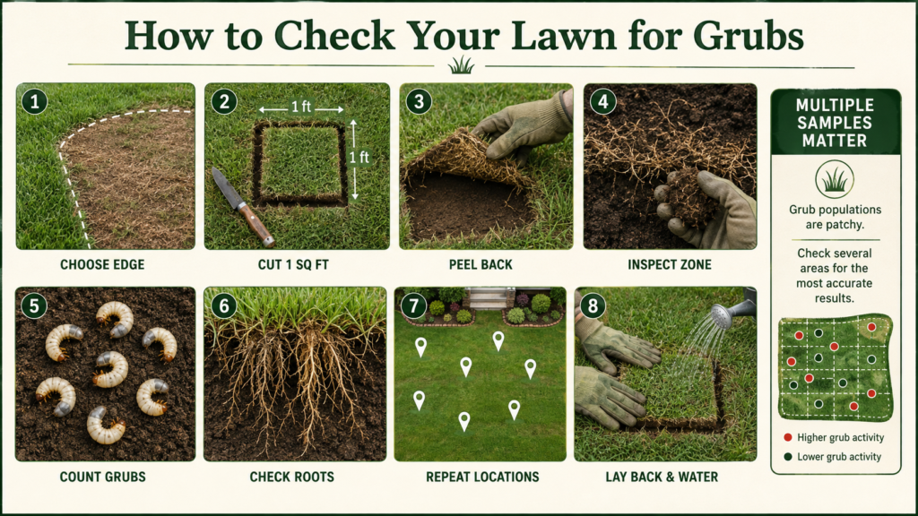 Grub Worms: Identification, Lawn Damage & Control Guide Gardener lifting turf and inspecting soil for white grub worms.