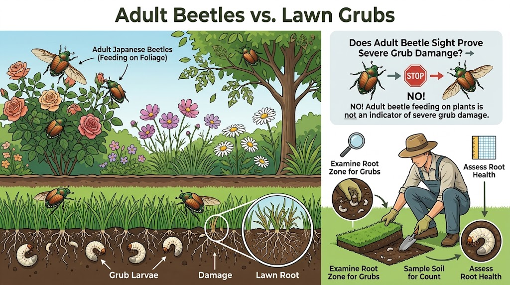Grub Worms: Identification, Lawn Damage & Control Guide Adult beetles above ground compared with white lawn grubs below the soil.