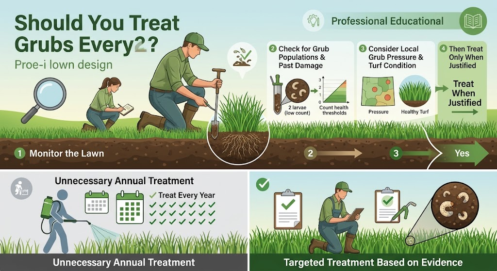 Grub Worms: Identification, Lawn Damage & Control Guide Gardener inspecting lawn and soil before deciding on annual grub treatment.