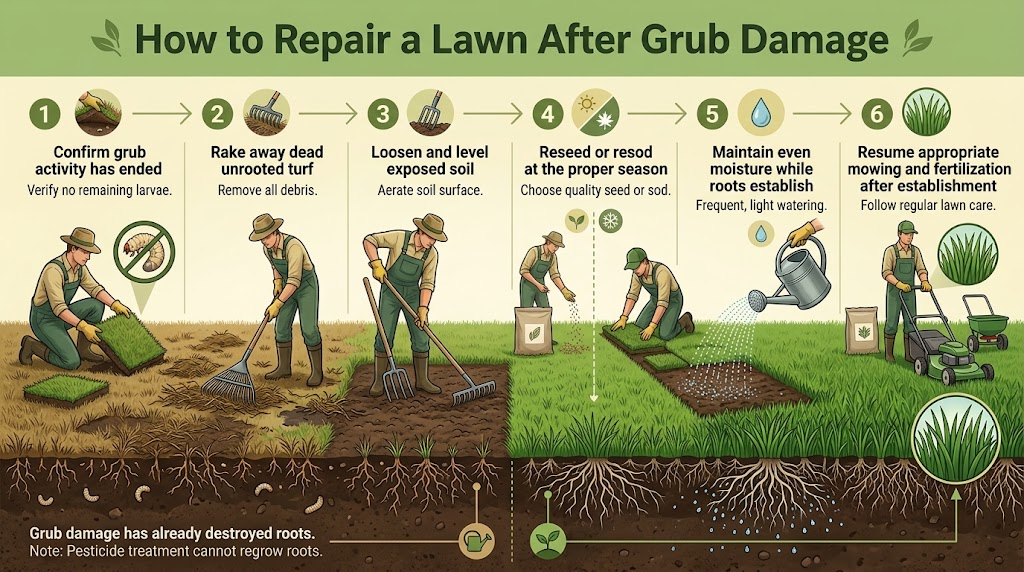Grub Worms: Identification, Lawn Damage & Control Guide Damaged lawn being repaired through reseeding, watering, and new grass growth.