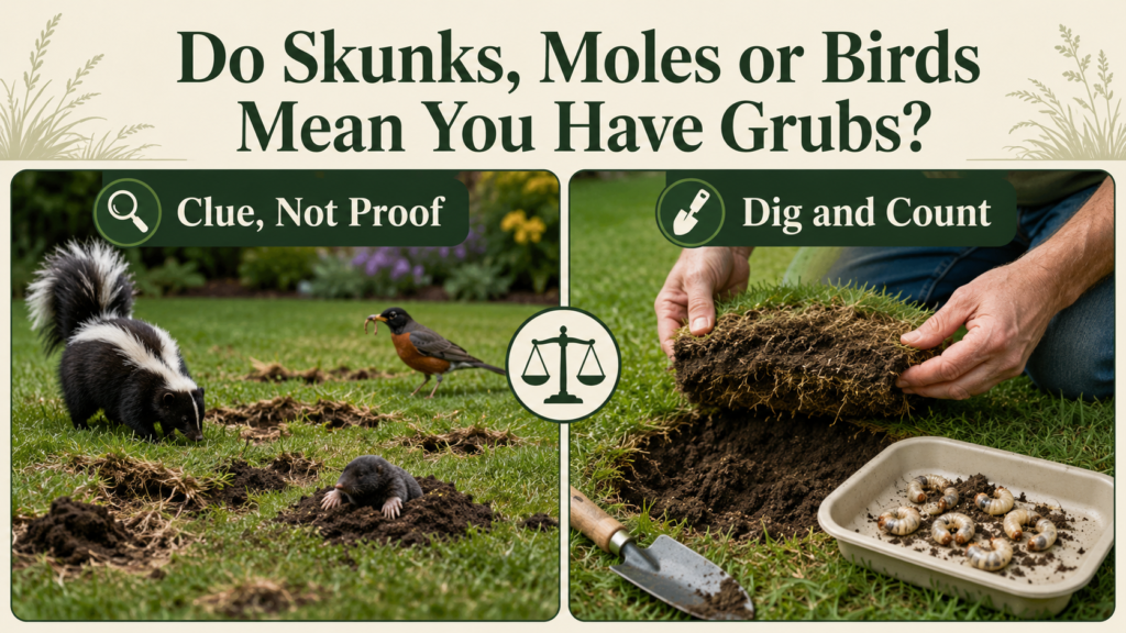 Grub Worms: Identification, Lawn Damage & Control Guide Skunks, moles, and birds searching a lawn for soil-dwelling grubs.