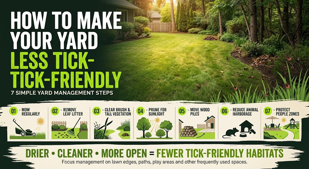 Yard maintenance practices that help make lawns and gardens less attractive to ticks.
