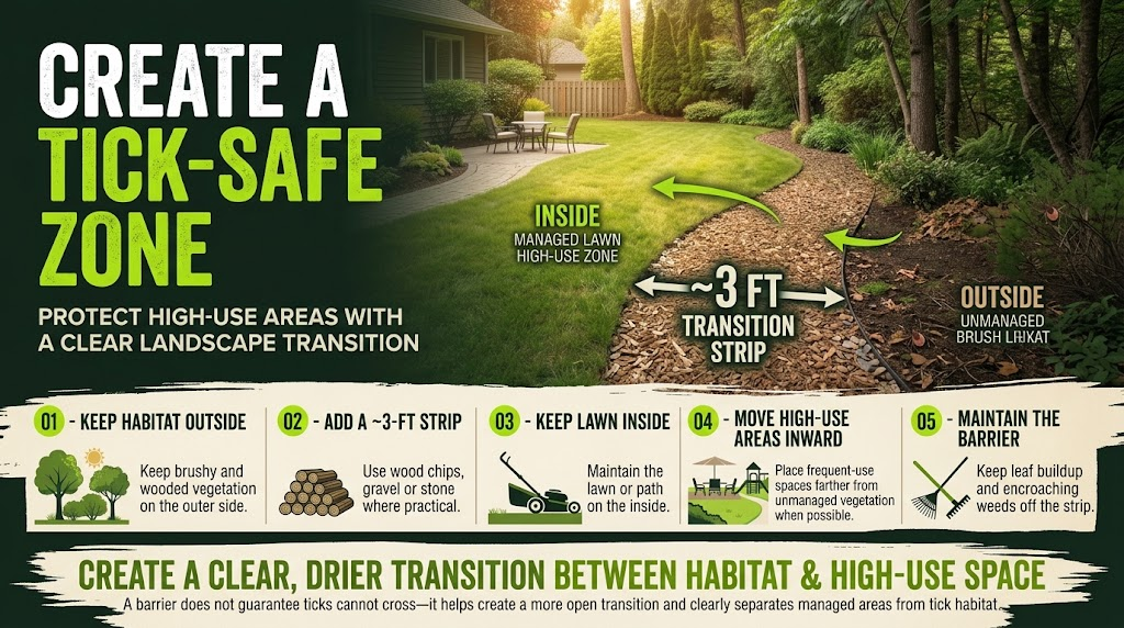 Tick-safe landscaping around patios, play areas, walkways, and other frequently used spaces.