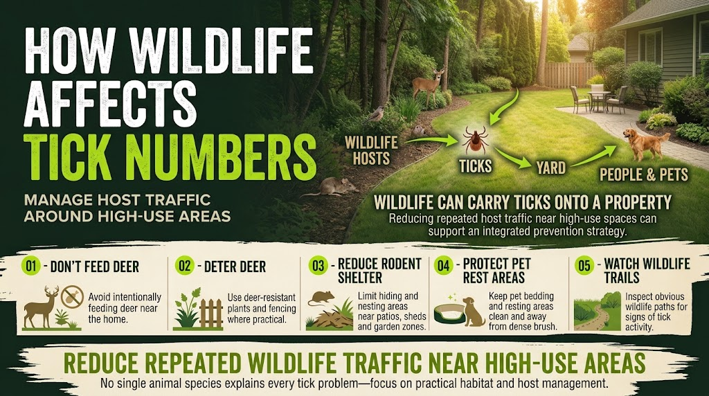 Wildlife such as deer and rodents can influence tick numbers around lawns and gardens.