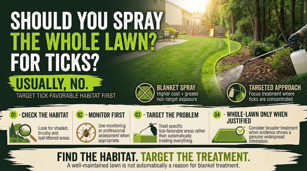 Considerations for deciding whether to spray an entire lawn for tick control.