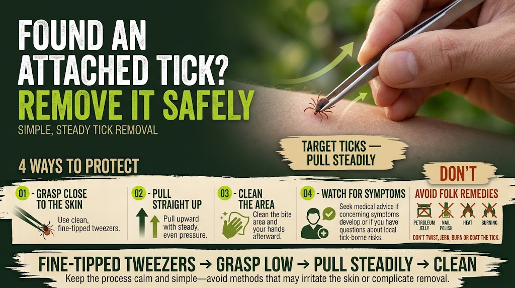 Safe steps to take when you discover an attached tick on your skin.