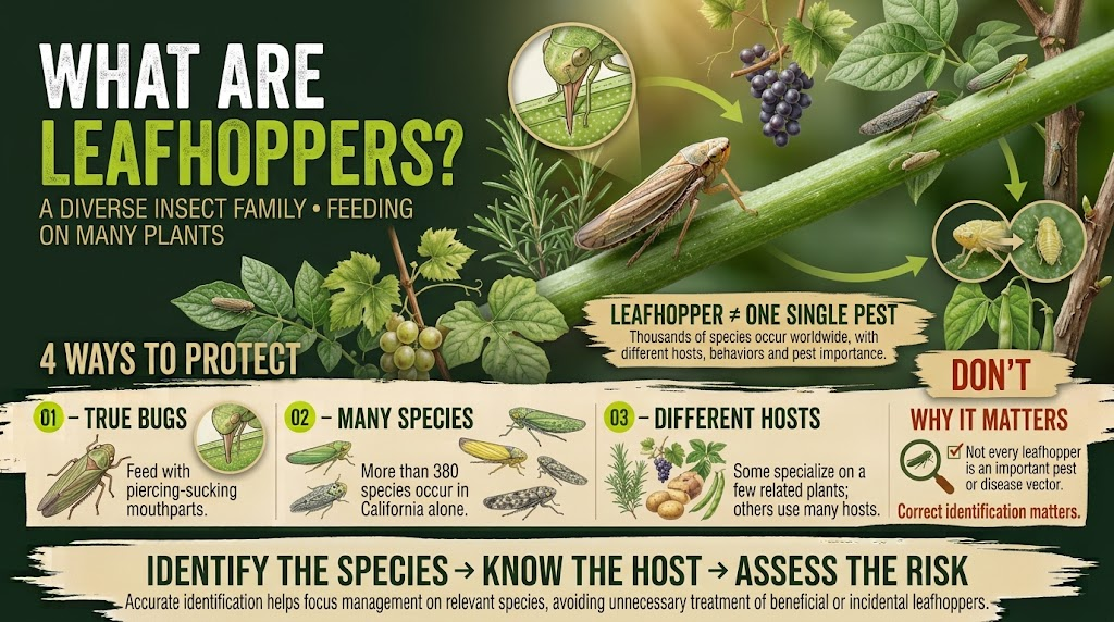 Leafhoppers: Identification, Damage & Control Guide Close-up of leafhoppers resting on a green plant leaf. These small, wedge-shaped insects feed on plant sap.