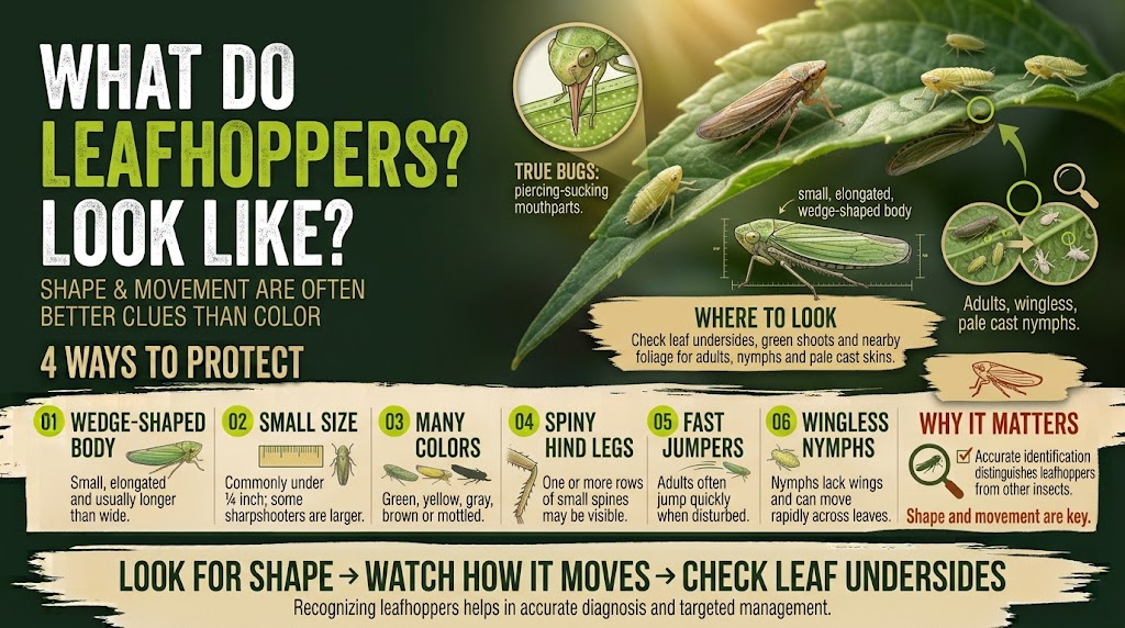 Leafhoppers: Identification, Damage & Control Guide A close-up view of an adult leafhopper showing its small body, pointed shape, wings, and varied coloration.