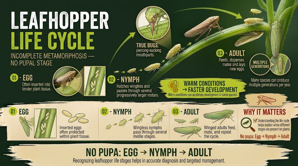 Leafhoppers: Identification, Damage & Control Guide Illustration showing the leafhopper life cycle from egg to nymph and finally to the winged adult stage.