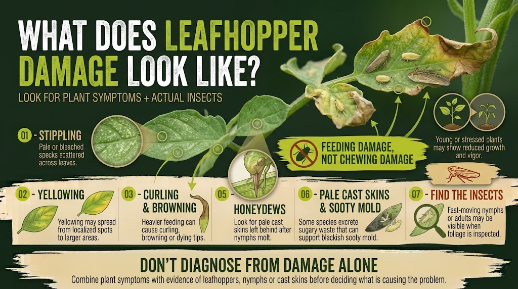 Leafhoppers: Identification, Damage & Control Guide Plant leaves showing pale stippling, speckled discoloration, and other signs of feeding damage caused by leafhoppers.