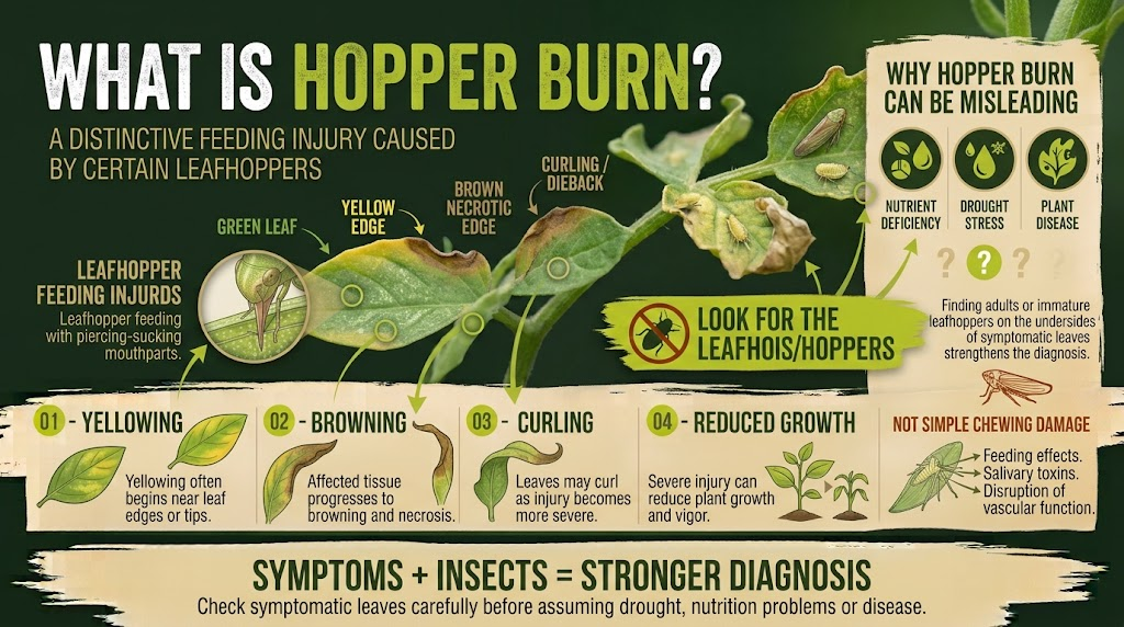 Leafhoppers: Identification, Damage & Control Guide Leaf showing scorched or browned edges caused by hopper burn, a common symptom of heavy leafhopper feeding.
