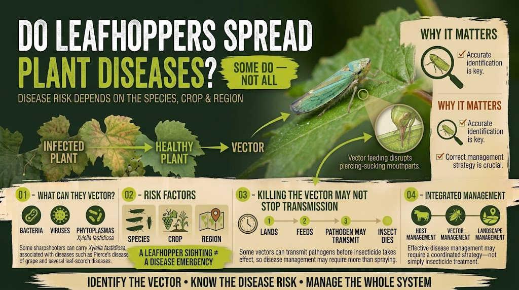 Leafhoppers: Identification, Damage & Control Guide Leafhopper feeding on a plant while illustrating how some species can transmit plant pathogens between plants.