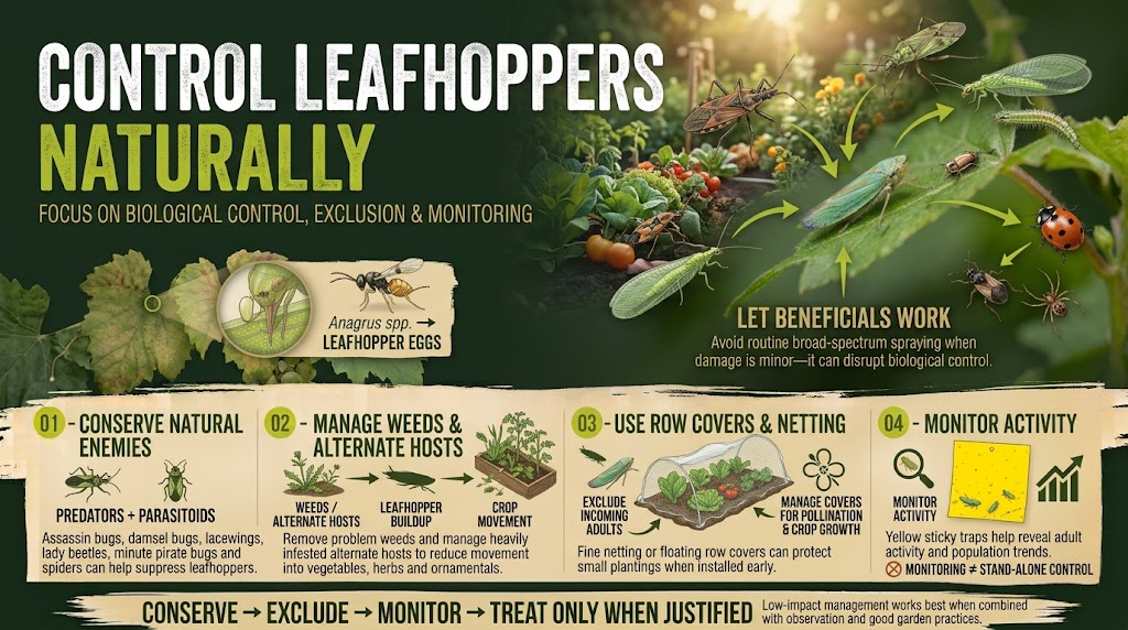 Leafhoppers: Identification, Damage & Control Guide Healthy garden plants surrounded by natural pest-control methods used to reduce leafhopper populations without harsh chemicals.