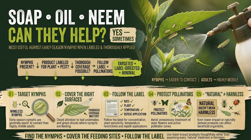 Leafhoppers: Identification, Damage & Control Guide Plant foliage being treated with insecticidal soap, horticultural oil, or neem as options for managing leafhoppers.