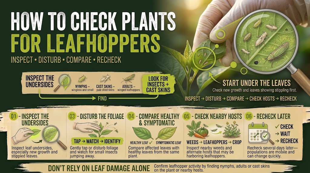 Leafhoppers: Identification, Damage & Control Guide Close-up inspection of plant leaves and stems for adult leafhoppers, nymphs, shed skins, and feeding damage.