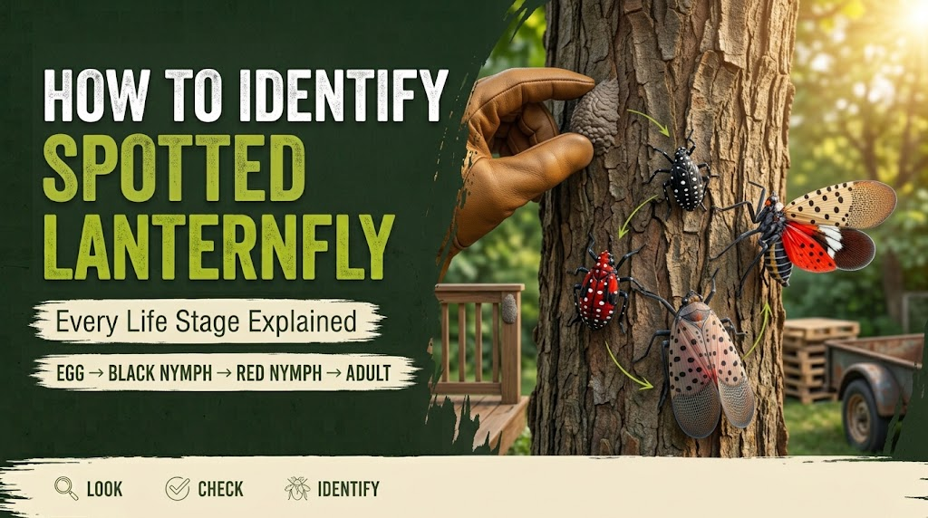 Spotted Lanternfly Control: Identification & Prevention Spotted lanternfly life stages shown from egg masses and nymphs to fully developed adults for identification.