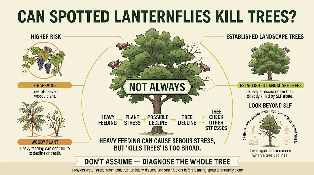 Spotted Lanternfly Control: Identification & Prevention Spotted lanternflies clustered on a tree trunk, illustrating heavy feeding that can weaken stressed or vulnerable trees.
