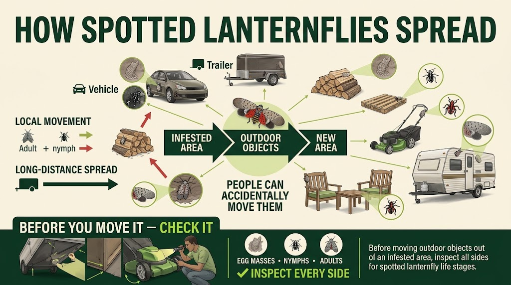 Spotted Lanternfly Control: Identification & Prevention Spotted lanternflies moving between trees and plants, illustrating how they can spread to new areas and host plants.