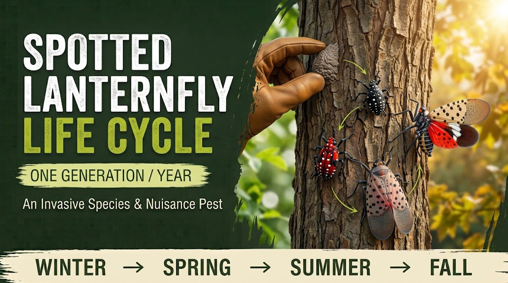 Spotted Lanternfly Control: Identification & Prevention Illustration showing the spotted lanternfly life cycle from egg mass through nymph stages to the adult insect.